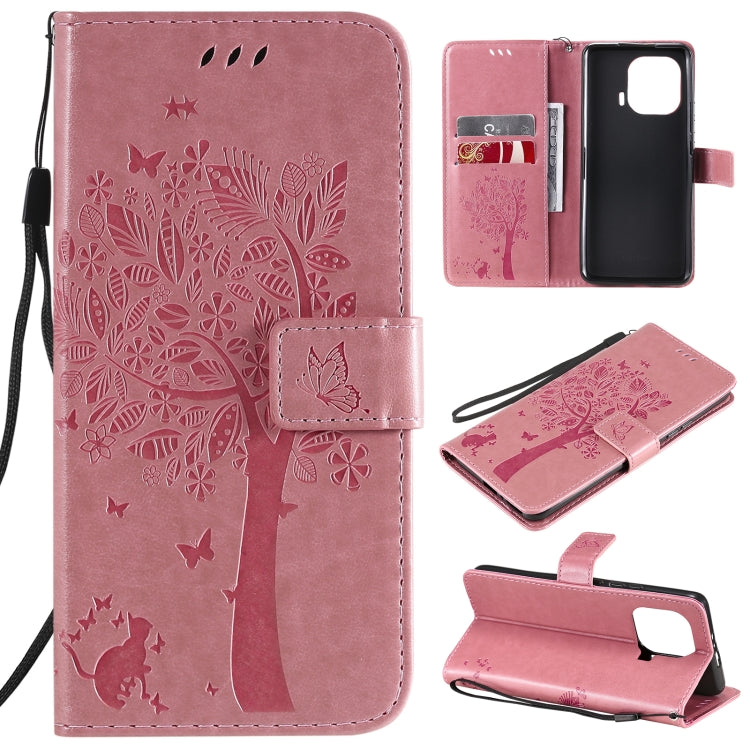 Light pink PU leather phone case wallet, tree & cat embossed flip cover with card slots