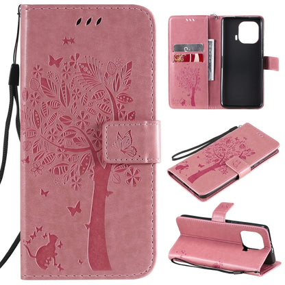 Light pink PU leather phone case wallet, tree & cat embossed flip cover with card slots