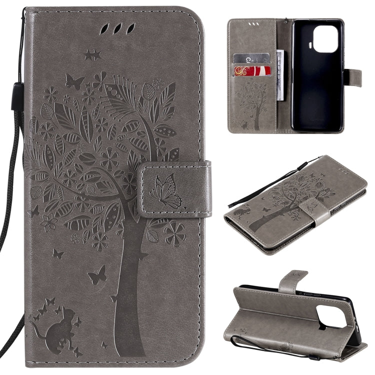 Gray PU leather phone case wallet, tree & cat embossed flip cover with card slots