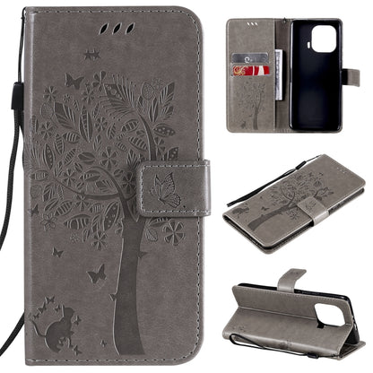 Gray PU leather phone case wallet, tree & cat embossed flip cover with card slots