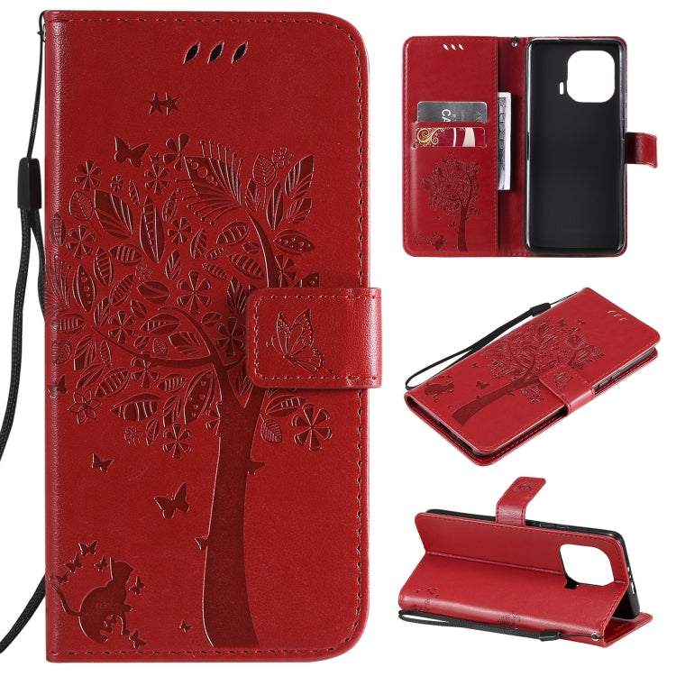 Red PU leather phone case wallet, tree & cat embossed flip cover with card slots