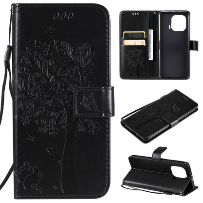 Black PU leather phone case wallet, tree & cat embossed flip cover with card slots