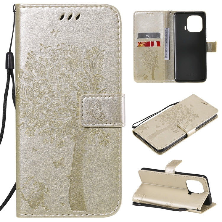 Cream PU leather phone case wallet, tree & cat embossed flip cover with card slots