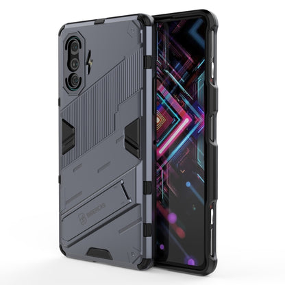 Grey rugged shockproof smartphone case with raised edges and camera cutouts