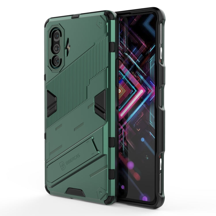 Green rugged shockproof smartphone case with textured back and camera cutouts