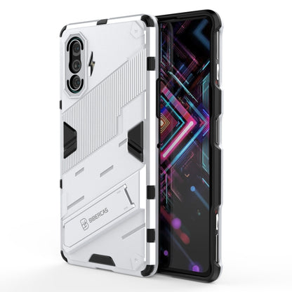 White rugged shockproof smartphone case with textured back and camera cutouts