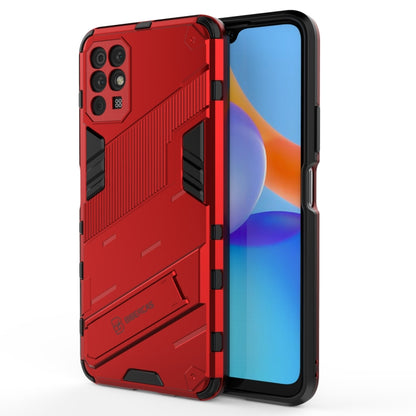 Red rugged shockproof smartphone case with raised edges and camera cutouts