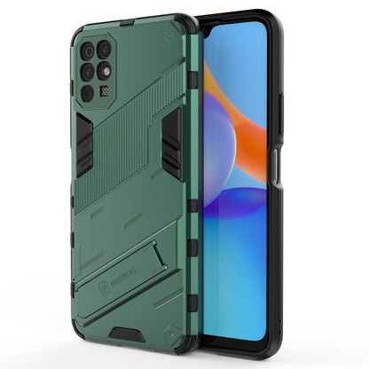 Green rugged shockproof smartphone case with side buttons and camera cutouts