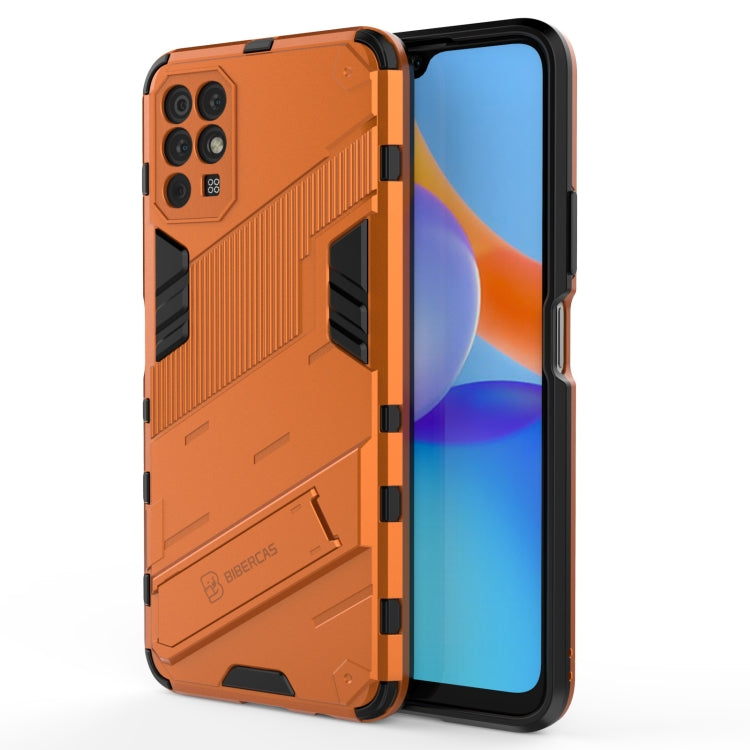 Orange rugged shockproof phone case with protective side rails and camera openings