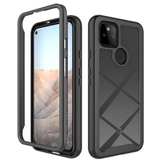 Black shockproof phone case with geometric pattern, front and back views.