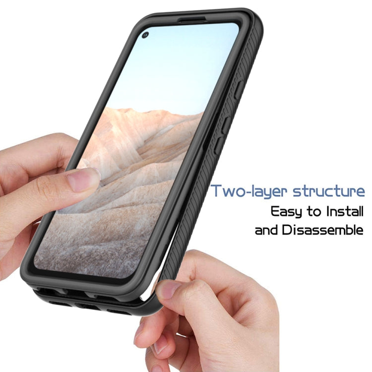 Black shockproof phone case, side profile with raised bezel and camera cutout.