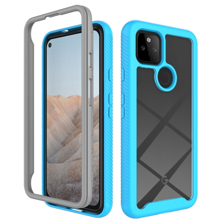 Sky blue shockproof phone case with geometric back, front and back views.
