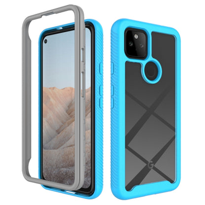 Sky blue shockproof phone case with geometric back, front and back views.