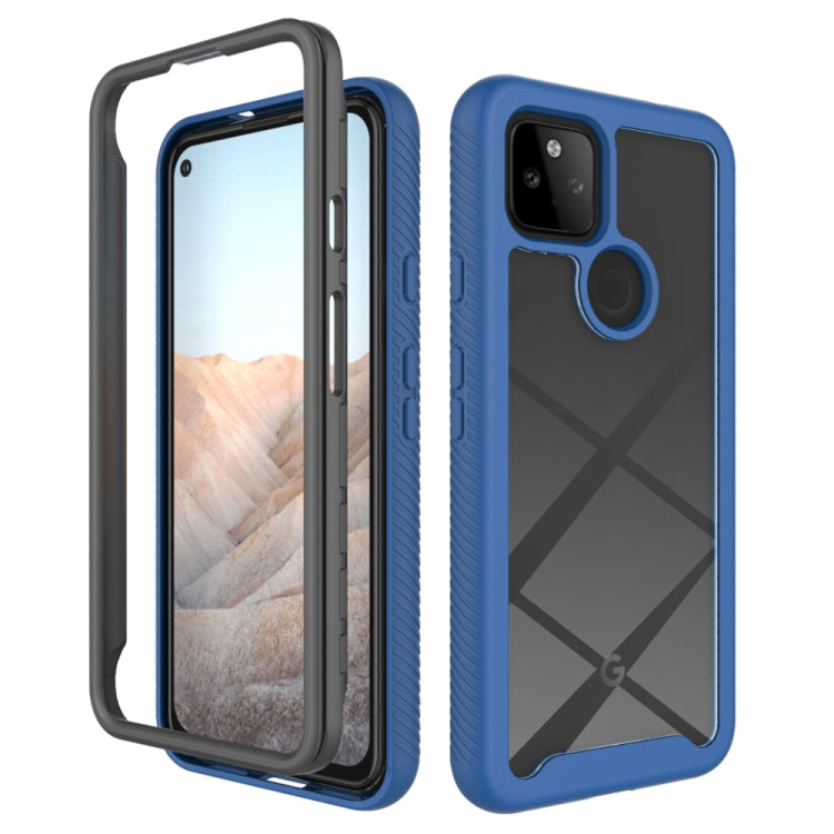 Royal blue shockproof phone case with geometric back, front and back views.
