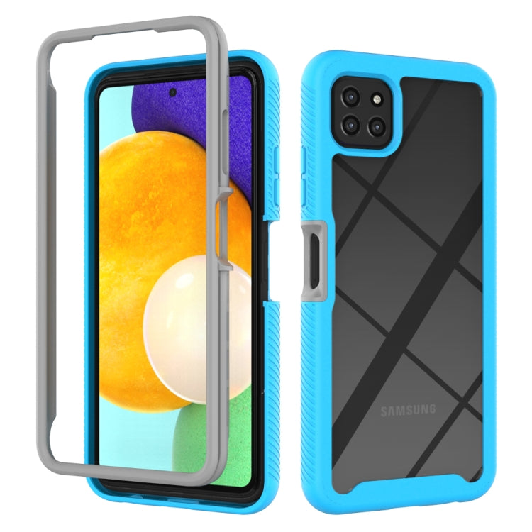 Sky blue shockproof PC+TPU phone case with raised bezel and camera-ring cutout