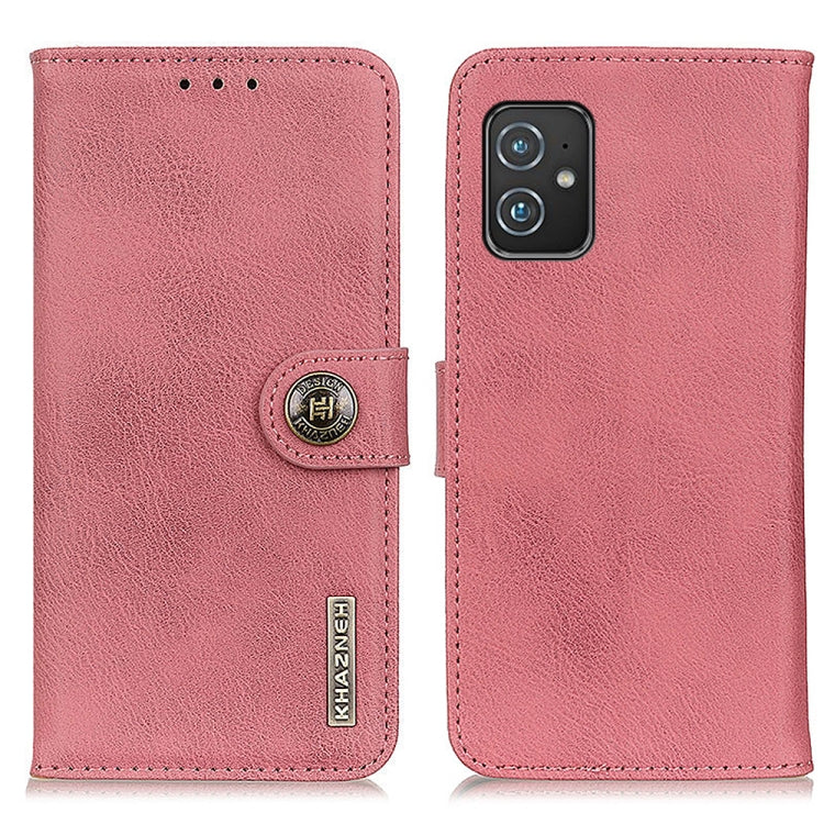 Pink leather flip phone case with card holder and camera cutout, front and back view.