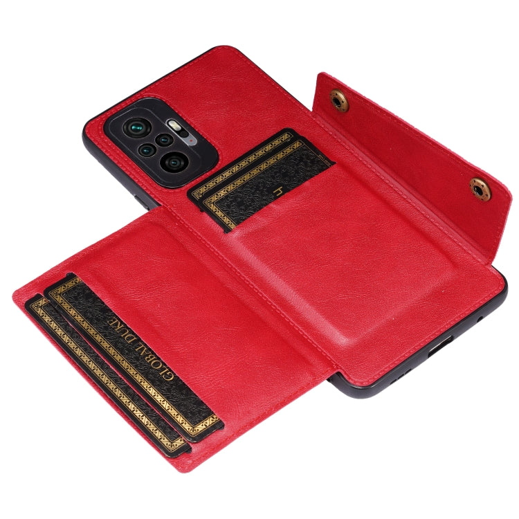 Red magnetic wallet phone case with two card slots and flip cover over the back