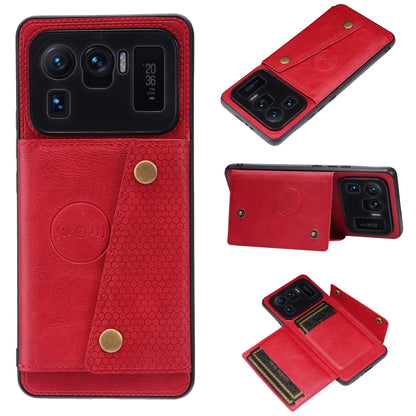 Red double-buckle shockproof magnetic phone case with card slot and holder