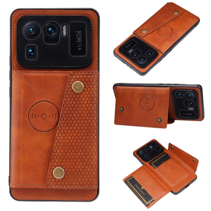 Brown double-buckle shockproof magnetic phone case with card slot and holder