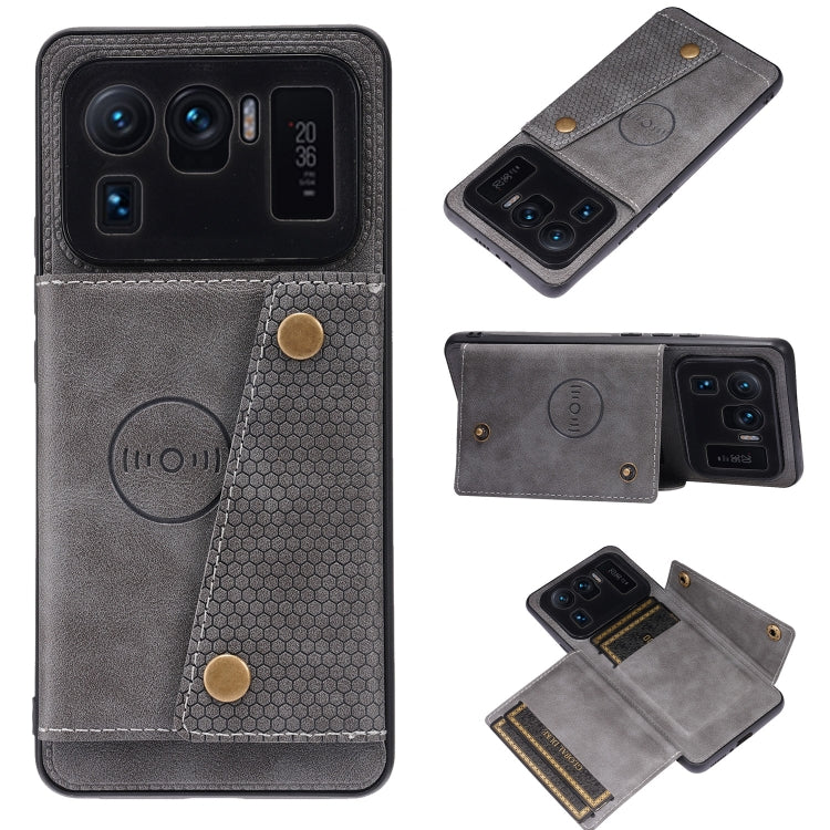 Grey double-buckle shockproof magnetic phone case with card slot and holder