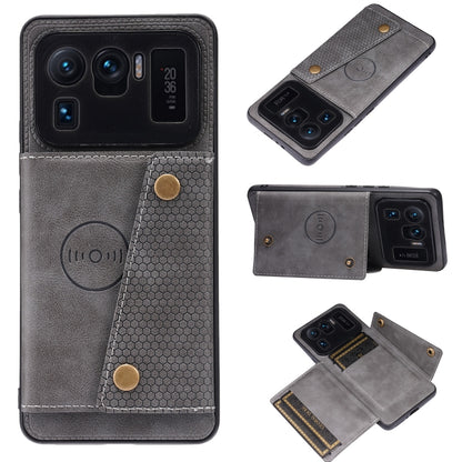 Grey double-buckle shockproof magnetic phone case with card slot and holder