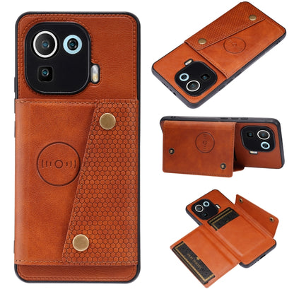 Brown double-buckle shockproof magnetic phone case with card slot and holder