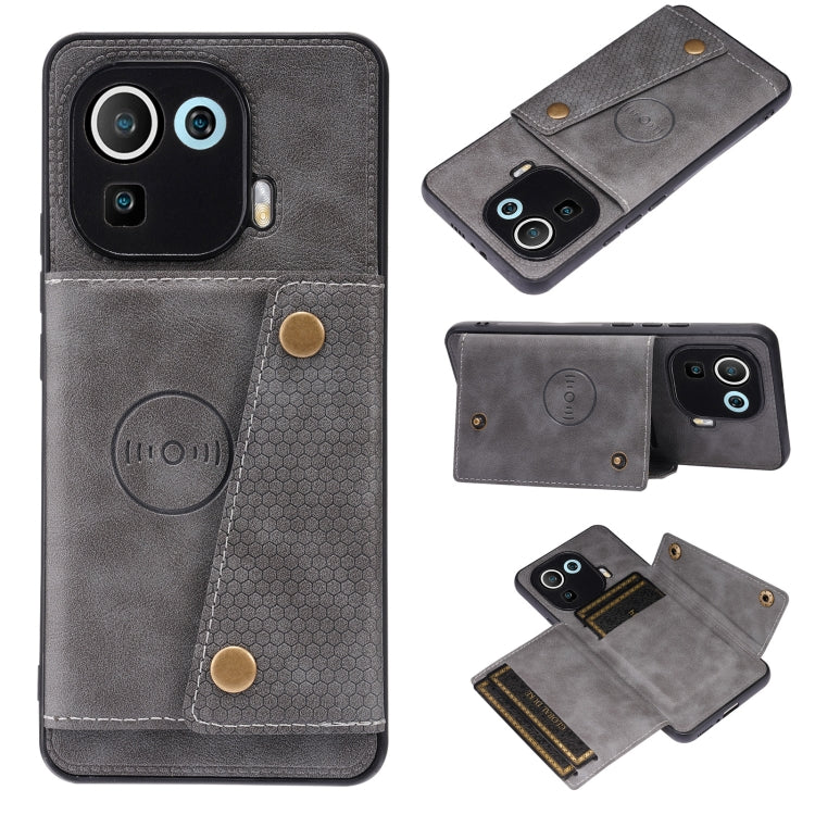 Grey double-buckle shockproof magnetic phone case with card slot and holder
