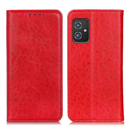 Red folio leather phone case with magnetic closure and cutout for camera and ports