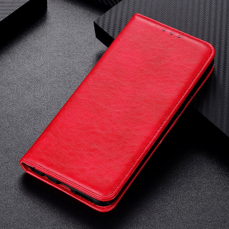 Red textured leather magnetic flip phone case with button cutouts along top
