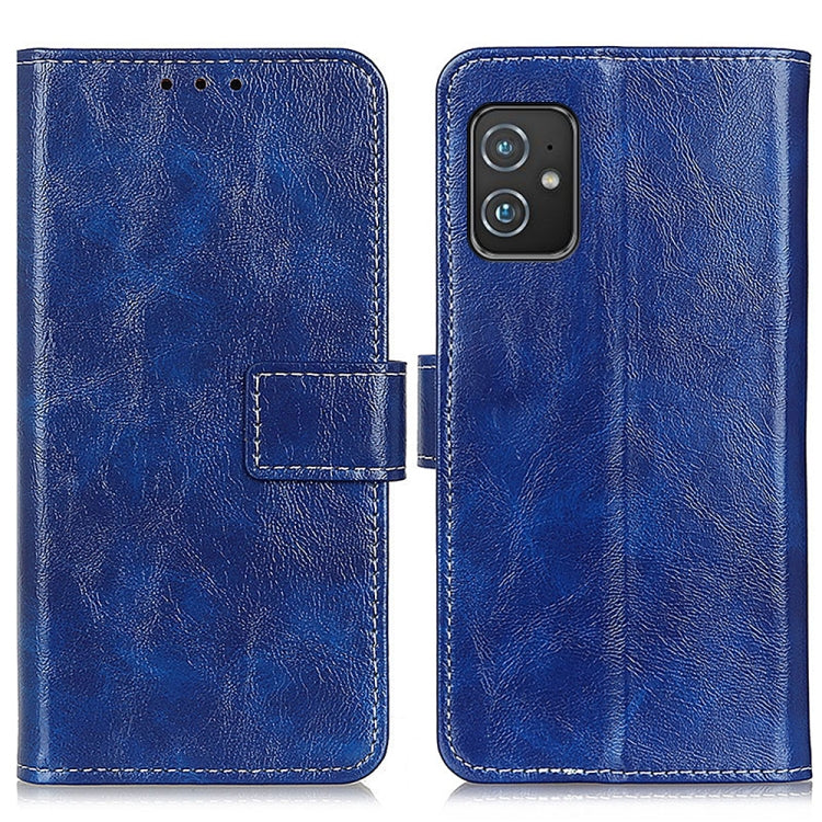 Blue leather flip phone case with card slots, back and front view