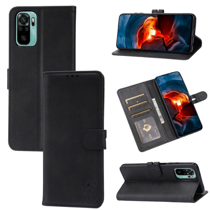 Black flip leather phone case with embossed cat, card slots, and wallet stand