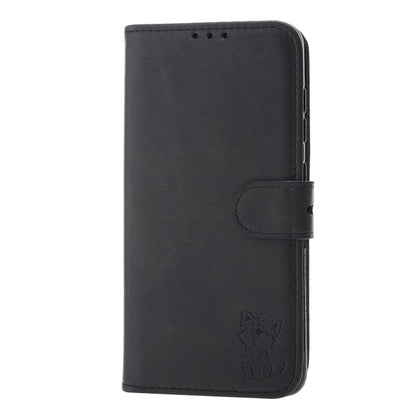 Black folio leather phone case with embossed cat and side snap strap