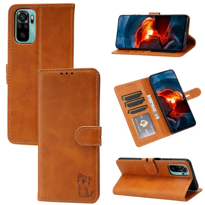 Brown flip leather phone case with embossed cat, card slots, and wallet stand