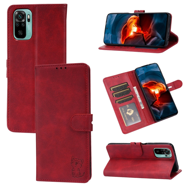 Red flip leather phone case with embossed cat, card slots, and wallet stand