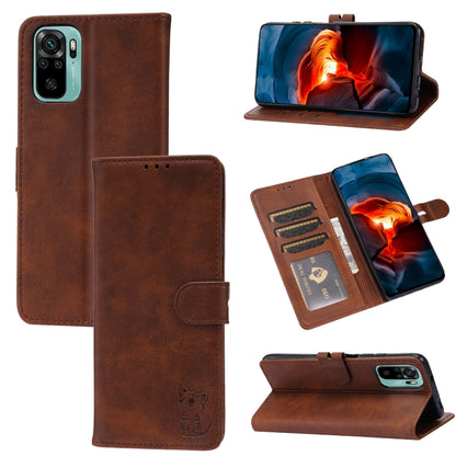 Brown flip leather phone case with cat emboss, card slots, and magnetic holder