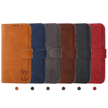 Assorted leather flip phone wallet cases in multiple colors, with embossed cat and card slots