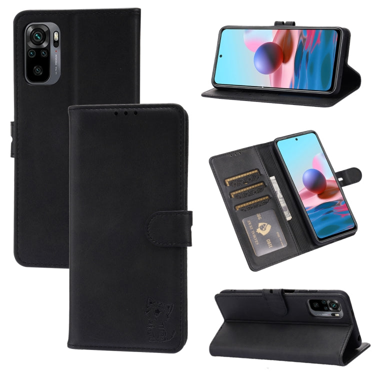 Black flip leather phone case with cat emboss, card slots, and magnetic holder