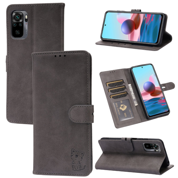 Grey flip leather phone case with cat emboss, card slots, and magnetic holder