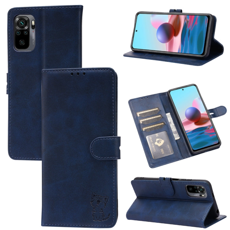 Blue flip leather phone case with cat emboss, card slots, and magnetic holder