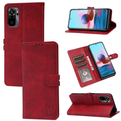 Red flip leather phone case with cat emboss, card slots, and magnetic holder
