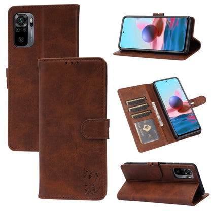 Brown leather flip wallet case with cat emboss, card slots, and phone stand