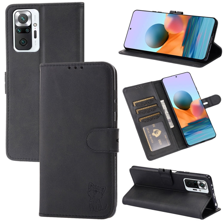 Dark grey flip leather phone case with cat emboss, card slots, and magnetic holder