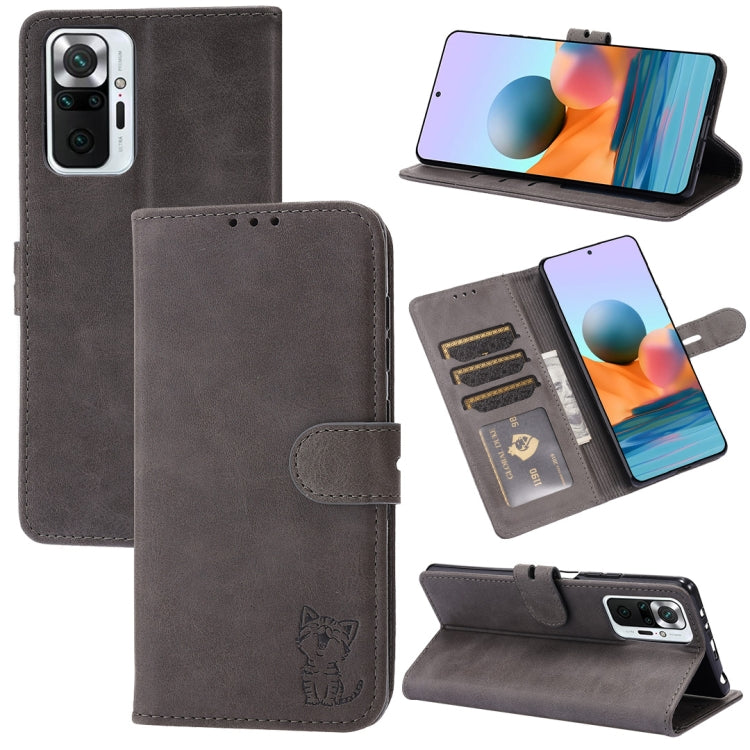 Charcoal grey flip leather phone case with cat emboss, card slots, and magnetic holder