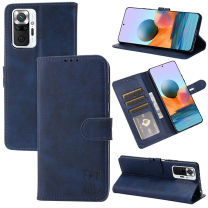 Blue flip leather phone case with cat emboss, card slots, and magnetic holder