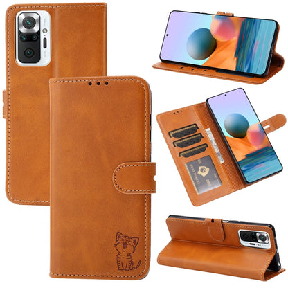 Brown leather flip phone wallet case with embossed cat, card slots, and stand holder