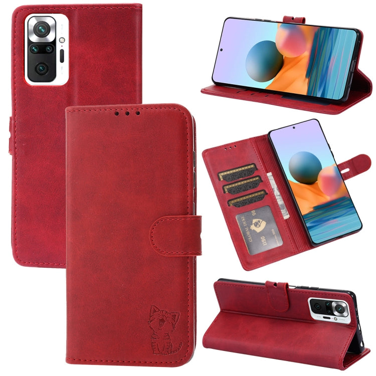 Red leather flip phone wallet case with embossed cat, card slots, and stand holder