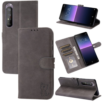 Grey leather flip phone wallet case with embossed cat, holder, and card slots