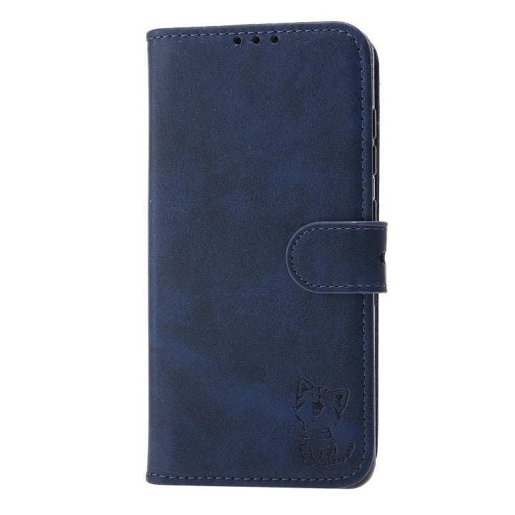 Blue leather flip phone case with side strap and embossed cat badge