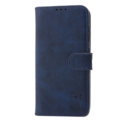 Blue leather flip phone case with side strap and embossed cat badge