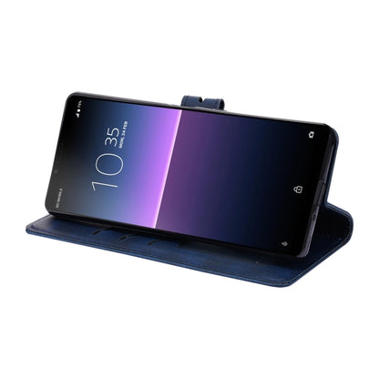 Blue leather flip case with stand view for the screen and embossed cat detail